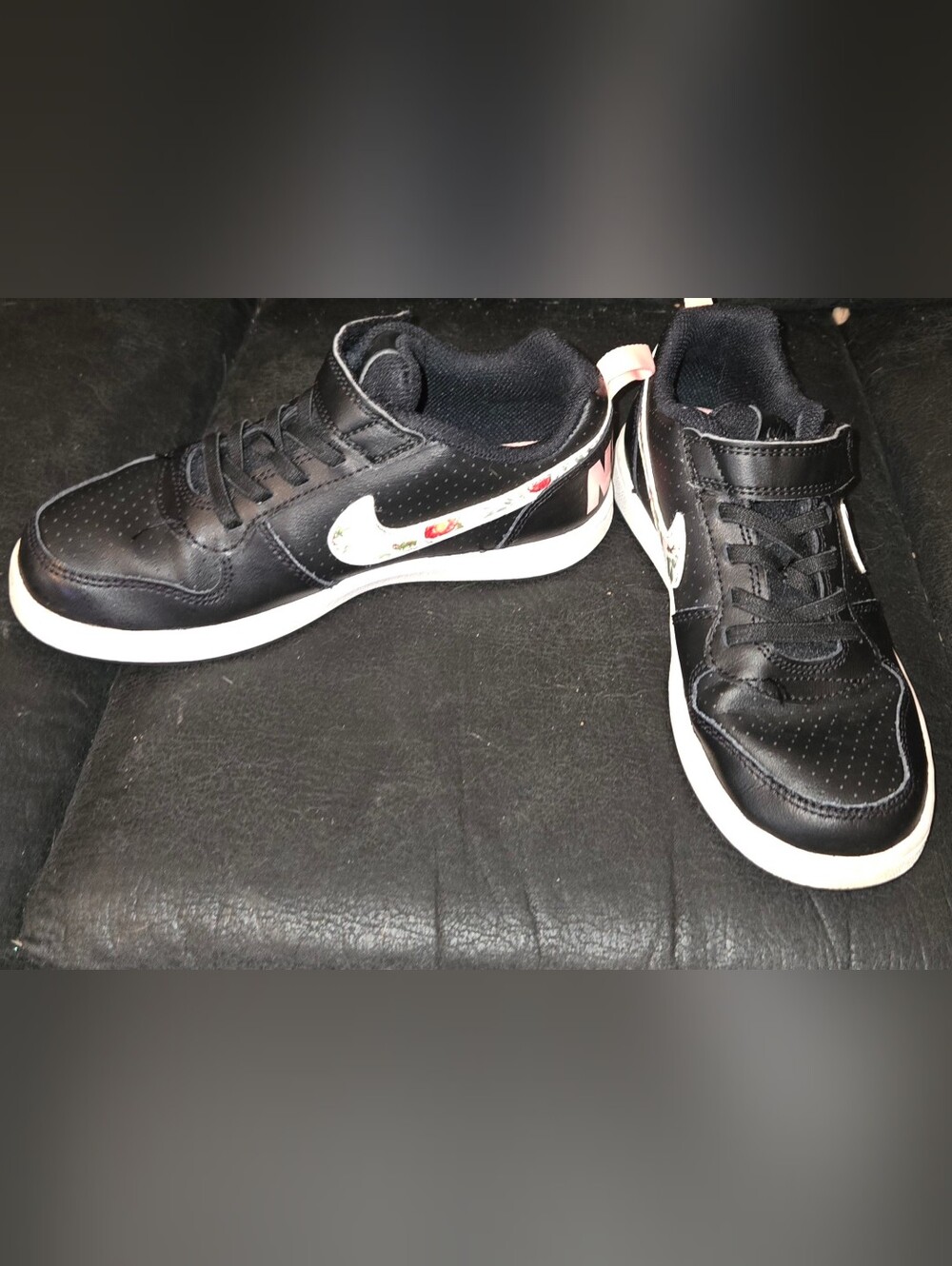 Nike Kid's Court Borough Low Black White Floral Sneakers Size 13.5